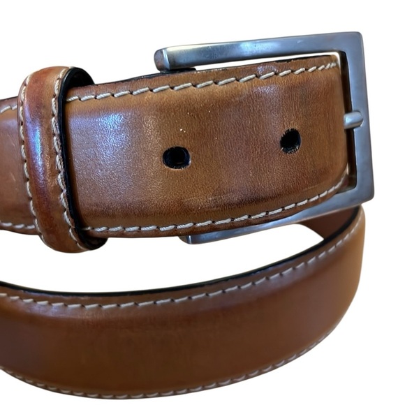 Peter Elliot Tan Leather Belt 34” Silver-Tone Brass Buckle Contrast Stitch Italy - Picture 2 of 16
